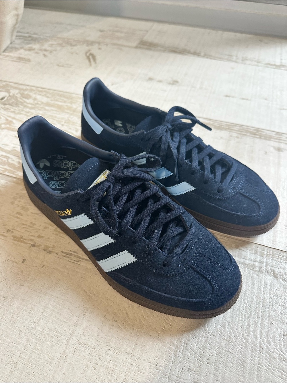 adidas Men’s Navy Suede Sneakers with White Stripes and Gum Sole